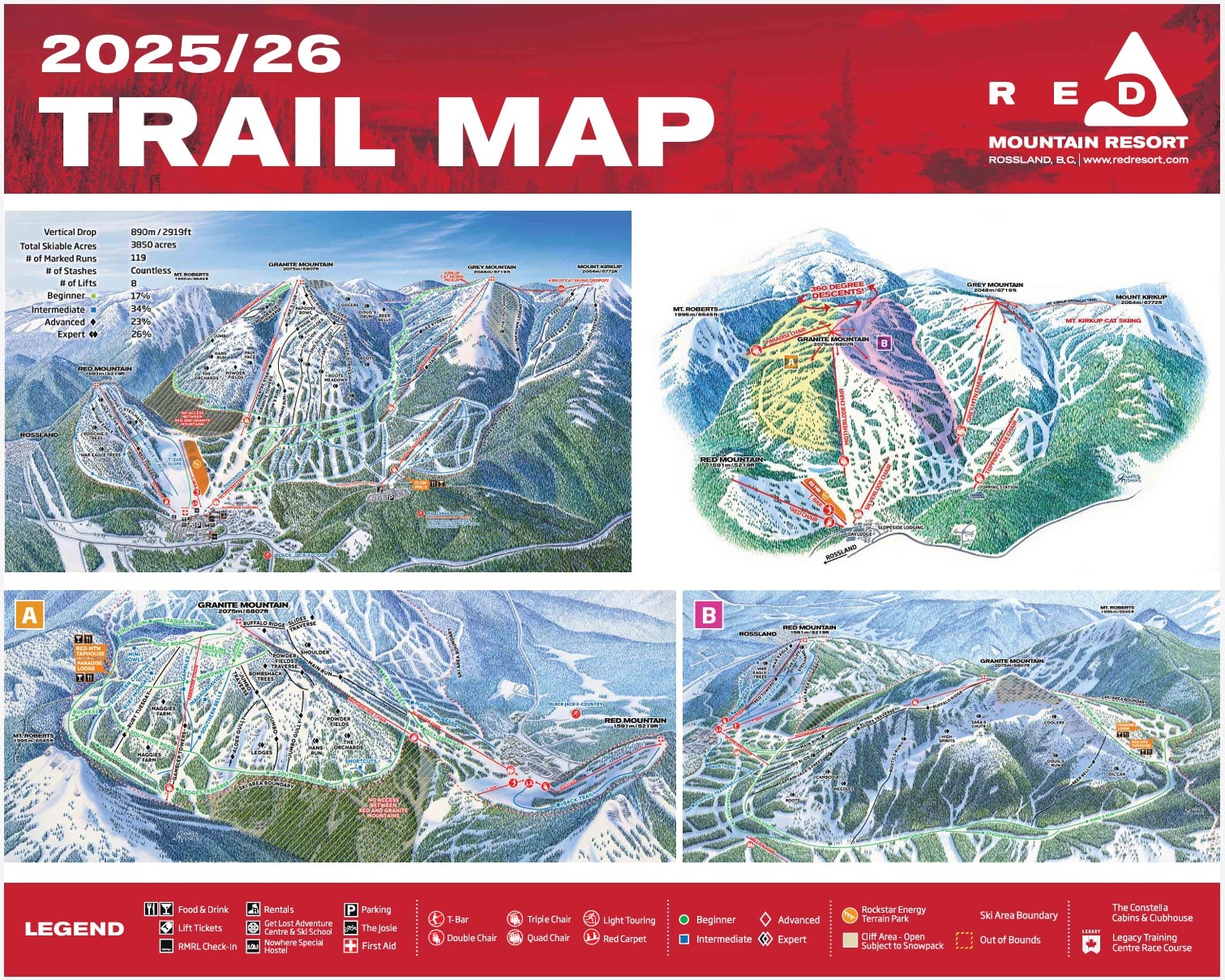 Red Mountain Resort 2025/26 trail map showing ski runs, lifts, and resort stats